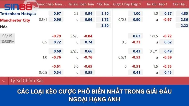 Các loại kèo cược phổ biến nhất trong giải đấu ngoại hạng Anh